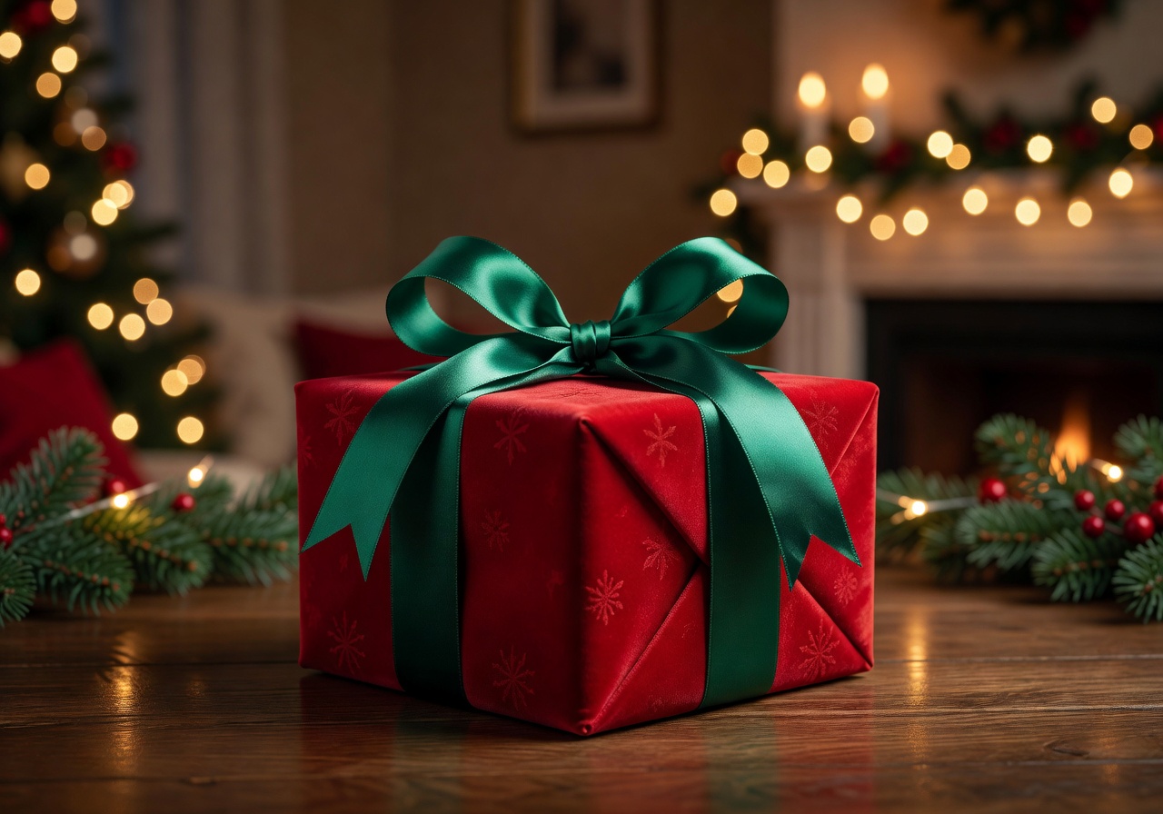 Wrapped Christmas Present Gift Box with Gold Ribbon